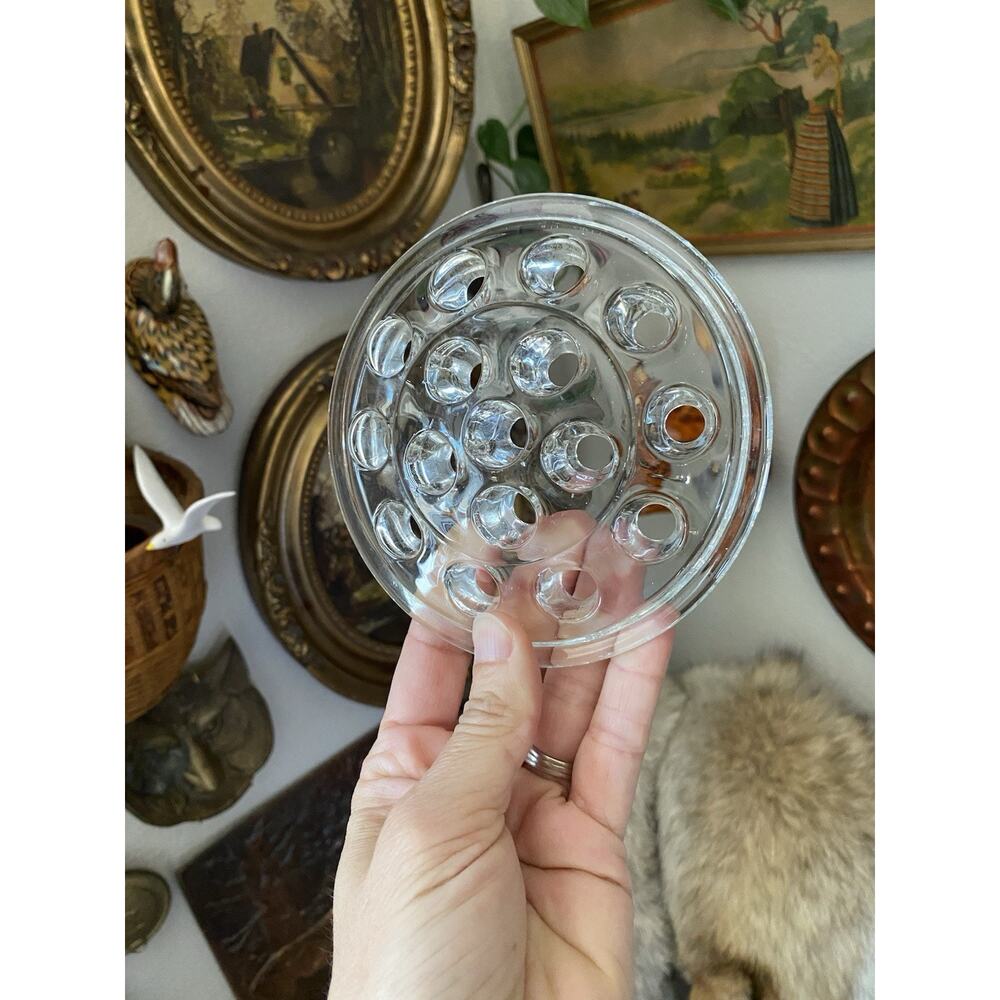Vintage Floral Flower Frog Clear Glass 16 Hole Flower Holder 5 Inch
